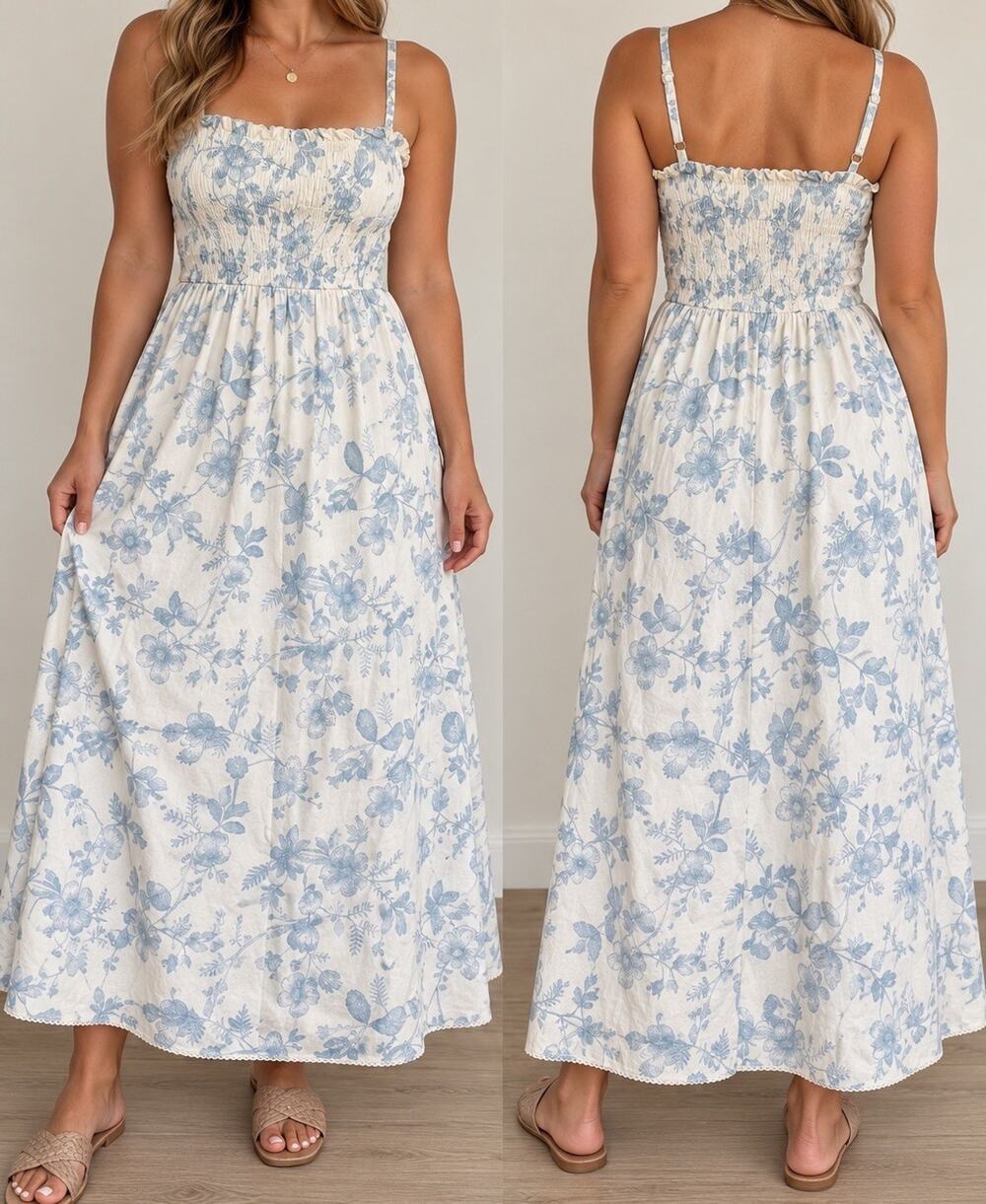 Small Universal Thread Floral Smocked Midi Dress Cottage Prairie Scalloped Trim